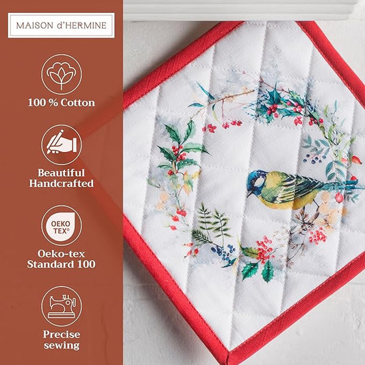 Maison d' Hermine Pot Holders Set 100% Cotton Heat Resistant Potholders 8" x 8" Hot Pads with Loop BBQ, Cooking, Baking, Grilling, Kitchen, Handling Hot Pans (Pack of 2, Morzine)