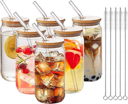 6pcs Set-16oz, Glass Cups with Bamboo Lids and Glass Straw - Beer Can Shaped,CuteTumbler Cup,Soda,deal for Cocktail,Iced Coffee Cups,6 Cleaning Brushes glass cups with lids and straws