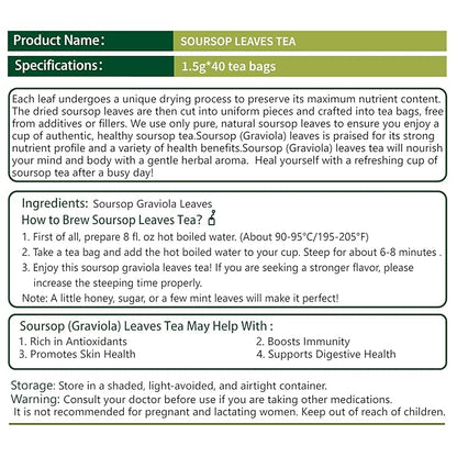 Samcci - Soursop Leaves Tea Bags, 40Teabags, 1.5g/bag, 100% Pure Sour Sop Graviola leaves Tea - Hojas De Guanabana Tea - Improve Digestion - Promotes Skin Health - Non-GMO - Caffeine-Free