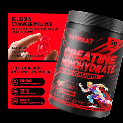 Creatine Monohydrate Gummies 5g for Men & Women - Boost Focus,Strength, and Endurance, Anti-Melting Formula, Vegan, Gluten-Free, Non-GMO, 2.5 Gram Creatine per Gummy (Strawberry 90 ct)