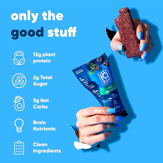 IQBAR Brain and Body Plant Protein Bars - Wild Blueberry - 12-Count - Keto, Vegan, Low Carb, High Fiber, Gluten Free, Dairy Free, Low Sugar Snack with Nutrients for Focus, Energy, Meal Replacement