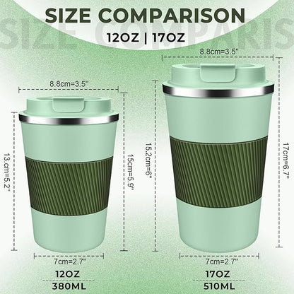 Insulated Coffee Tumbler 12 oz, Stainless Steel Coffee Mug with Lids, Travel Coffee Mug Leak Proof, Double Wall Vacuum Insulated Reusable Coffee Cup, Keep Drinks Hot and Cold (Light Green, 12 Ounces)