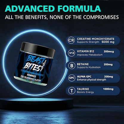 Creatine Monohydrate Gummies for Men & Women - 5g of Creatine Monohydrate per Serving - Sugar Free,Vegan, Blueberry Flavor, 135 Count.