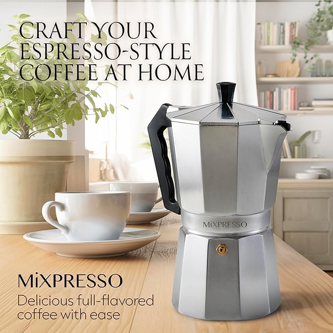 Mixpresso 9 Cup Moka Pot Cuban Coffee Maker, Moka Pot for Gas, Electric Stove Top, Classic Italian Coffee Maker, Stovetop Espresso Maker, Camping Pot Makes 9 Espresso Cup 14 Oz