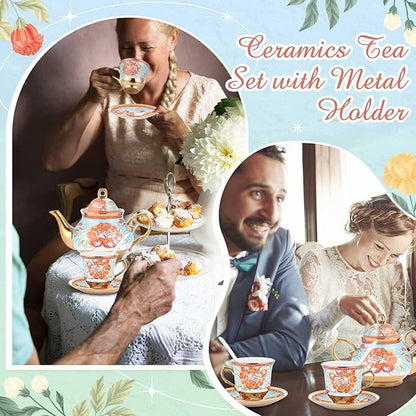Zhehao 20 Pcs Porcelain Tea Set with Metal Holder and Spoon Adult Ceramic Tea Party Set European Flower Painting Teapot Cup Saucer Spoon Set for Women, Large Version(Retro Style)