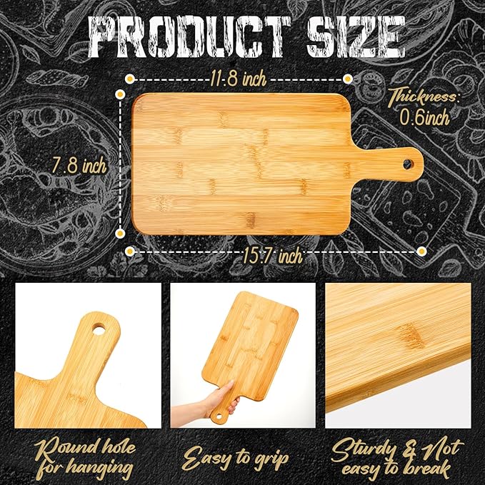 Nuenen 30 Pcs Wood Cutting Board with Handle 15.7 x 7.8 Inch Acacia Bamboo Wooden Serving Kitchen Chopping Boards for Pizza, Bread, Cheese, Charcuterie, Fruit, Vegetables (Bamboo)