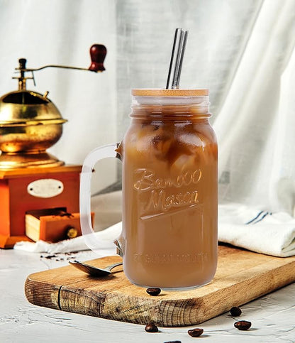 ANOTION Mason Jar with Lid and Straw, 24 oz Regular Mouth Mason Jars with Handle Drinking Glasses Tumbler Reusable Cups Smoothie Water Bottles for Iced Coffee (Classic 2 cups Style)