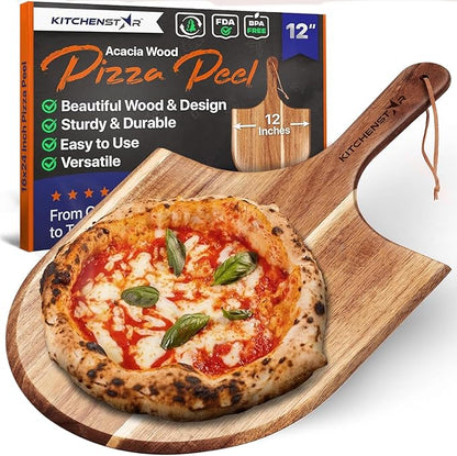 KitchenStar 12-Inch Acacia Wood Pizza Peel – Wooden Cutting & Serving Board with Handle & Hanging Loop – Natural Oil Finish – Ideal Pizza Oven Accessory for Easy Sliding & Prep