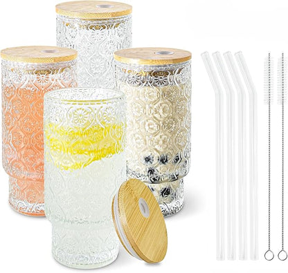 4 Pcs 16oz Drinking Glasses Cups Set with Bamboo Lids Straws Brush Begonia Vintage Glassware Set for Juice Iced Coffee Beer Cocktail Whiskey