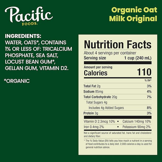 Pacific Foods Original Organic Oat Milk, Plant Based Milk, 32 oz Carton