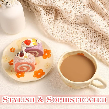 Cappuccino Cups with Saucers 8 oz Latte Art Cup Ceramics Coffee Mugs Irregular Aesthetic Flower Cups for Espresso, Double Shot, Americano, Latte, Tea - Microwave and Dishwasher Safe (Orange Flowers)