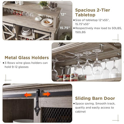OKD Farmhouse Coffee Bar Cabinet with LED Lights, 55" Wine Bar w/Sliding Barn Door & Wine and Glass Rack, Kitchen Buffet Cabinet w/Storage Shelves for Dining Room,Light Rustic Oak