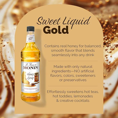 Monin - Honey Syrup, Smooth Sweet Honey Flavor, Great for Teas, Lemonades, Cocktails, & Coffee, Gluten-Free, Non-GMO (1 Liter)