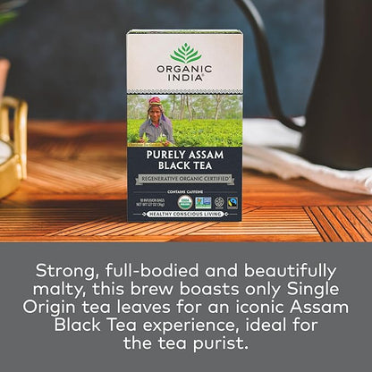 Organic India Purely Assam Black Tea - Caffeinated Herbal Tea Bags with Natural Assam Leaves, Enjoy with Milk & Sweetener, USDA Organic, Non-GMO, Fairtrade Certified - 18 Bags (Pack of 3)