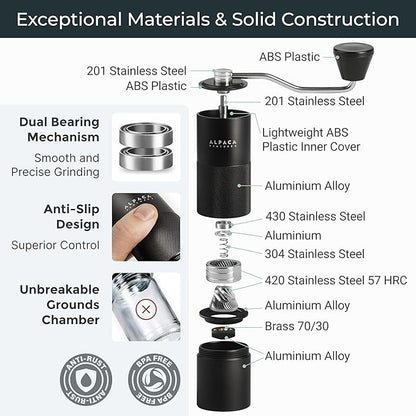 Manual Coffee Grinder by Alpaca Ventures - Stainless Steel Conical Burr Coffee Grinder Manual with Adjustable Setting Double Bearing Hand Espresso Grinder Perfect for Home, Office and Camping