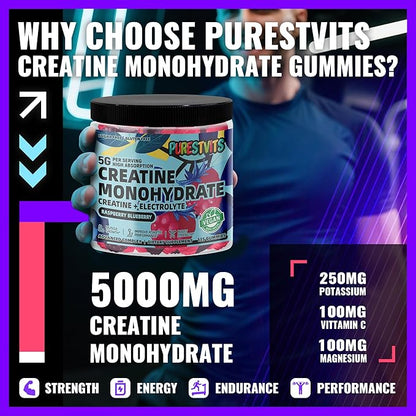 Creatine Monohydrate Gummies (5g) – Pre-Workout Energy & Muscle Growth Support for Men & Women | Blueberry Raspberry Electrolyte Gummies (135 Count)