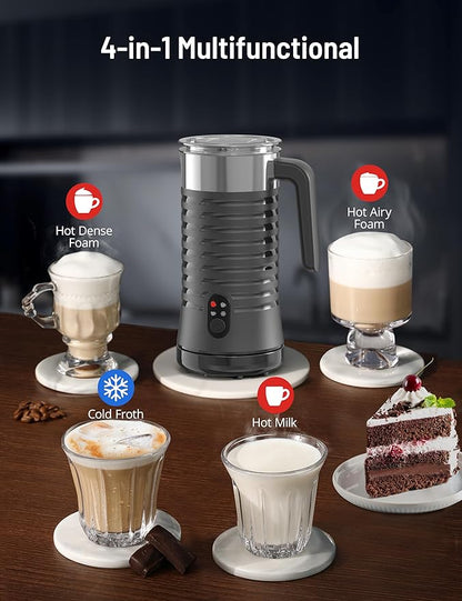 Milk Frother and Steamer, Airyoyo 4-in-1 Milk Frother, Electric Milk Frother Hot& Cold Foam Temperature Control, Auto Shut-Off Frother for Coffee Latte