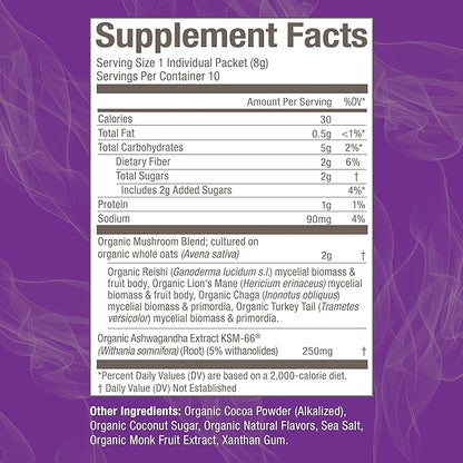 OM MUSHROOM SUPERFOOD Hot Chocolate Blend Mushroom Powder, Single Serve, 10 Count, Dutch Cocoa, 2g of Sugar, 25 Calories, Lion's Mane, Reishi, Chaga, Turkey Tail, Focus and Stress Support