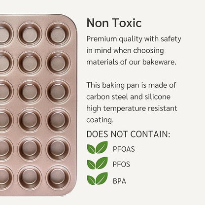 Non Toxic Nonstick 24 Cup Mini Muffin Pan | PFOA BPA free Nontoxic Mini Cupcake Tin | Best Non Stick Muffin Pans | Carbon Steel Small Muffin tins | Cupcakes Bakeware Mold