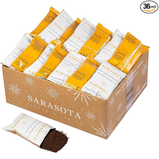 Sarasota Coffee Ground Packets | Gourmet Medium Roast Bulk Coffee Packs | Breakfast Blend | Low Acid Mold Free Singles Individual Pouches for 12 Cup Coffee Maker | 3 Ounce Bags, 36 Count