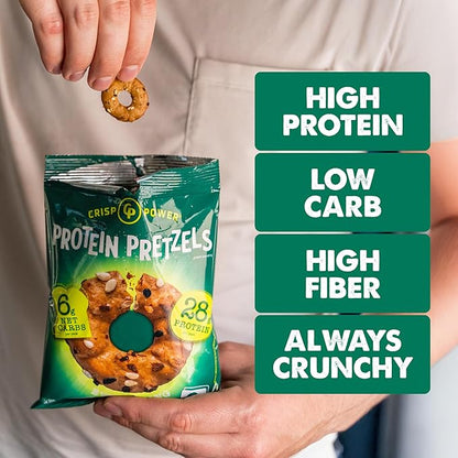 Crisp Power Protein Pretzels, Variety Pack With Sea Salt, Sesame, & Everything, Vegan Keto Snack, Plant Based Protein, Low Carb Crunchy Pretzel Snacks, No Added Sugar, No Seed Oils, 1.75 Oz Bags, 6 Pack