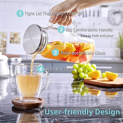 1.2 Liter 40 oz Small Glass Pitcher with Lid and Spout, Glass Carafe for Hot/Cold Water, Iced Tea Jug for Coffee, Juice and Homemade Beverage