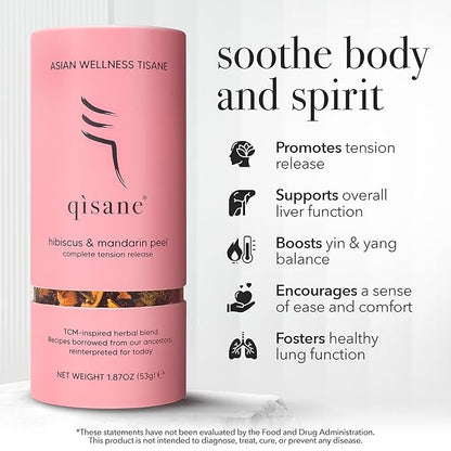 qìsane Organic Hibiscus Tea Bags with Mandarin Peel - Loose Leaf Hibiscus Tea, Organic Licorice Root, Cassia Seeds - Tangy Citrus Flavor to Help Support Strain and Tension - 10 sachets (~30 cups)