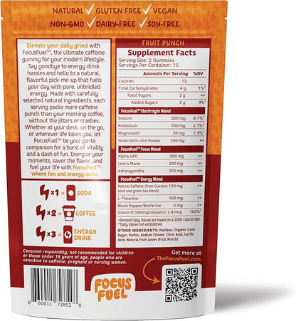 FocusFuel Energy Chews – Fruit Punch Flavor (15 Servings) – 100mg Caffeine + L-Theanine + B12, Magnesium – Boost Focus & Energy – No Crash or Jitters