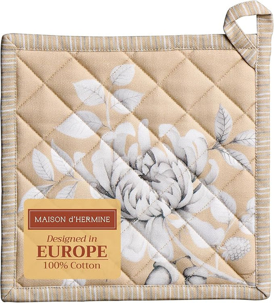 Maison d' Hermine Pot Holders 100% Cotton Heat Resistant Potholders 8" x 8" Hot Pads with Loop BBQ, Cooking, Baking, Grilling, Kitchen, Handling Hot Pans (Pack of 1, Pretty Autumn)