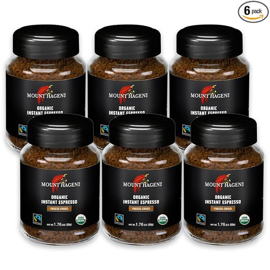 Mount Hagen Instant Espresso Coffee 6 Pack, Eco-friendly Organic Espresso Coffee Made From Medium Roast Arabica Beans, Freeze Dried Instant Coffee, Fair-Trade, Kosher [6x1.76oz/50g Jar]