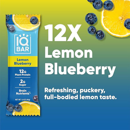 IQBAR Brain and Body Plant Protein Bars - Lemon Blueberry - 12-Count - Keto, Vegan, Low Carb, High Fiber, Gluten Free, Dairy Free, Low Sugar Snack with Nutrients for Focus, Energy, Meal Replacement