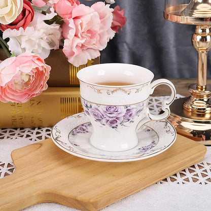 fanquare 15 Piece Porcelain Tea Set for Adults, Wedding Tea Service, Large British Teapot with Cups, Purple Rose