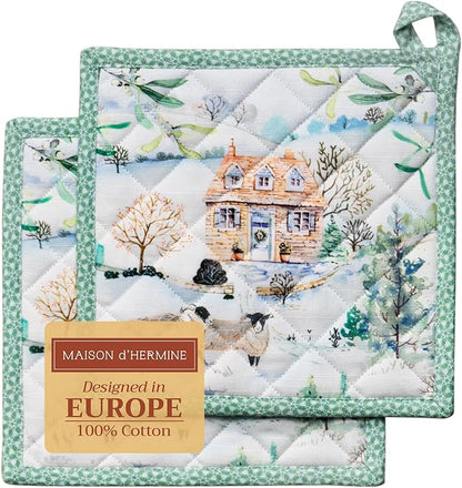 Maison d' Hermine Pot Holders Set 100% Cotton Heat Resistant Potholders 8" x 8" Hot Pads with Loop BBQ, Cooking, Baking, Grilling, Kitchen, Handling Hot Pans (Pack of 2, Snowy World)