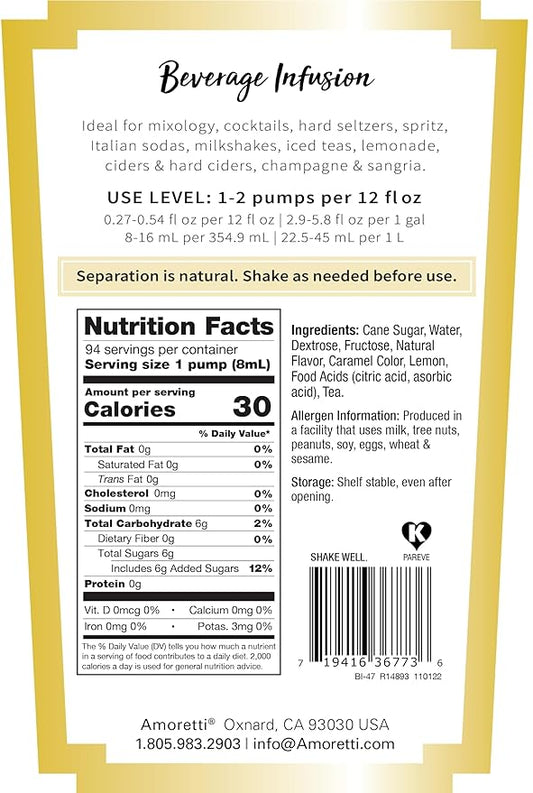 Amoretti - Green Tea Lemonade Beverage Infusion, 94 Servings Per Bottle (750 ml) - Drink Mix & Water Enhancer with Pump for Flavoring Cocktails, Waters, Teas, and other Beverages, Preservative Free