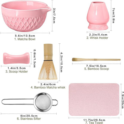 Matcha Whisk Set, 7 Pcs Matcha Kit, Ceramic Matcha Set Includes Matcha Bowl with Spout, Matcha Whisk and Holder, Bamboo Scoop, Scoop Rest, Sifter and Tea Towel (Cherry Blossom Pink)