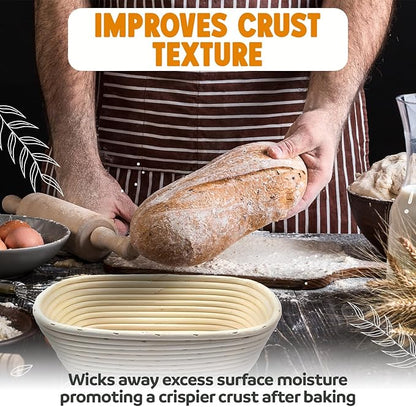 Banneton Bread Proofing Basket sourdough proofing basket for Beginners & Professional Bakers, Handwoven Rattan Cane Bread Maker with Linen for Artisan Breads, 8.5 x 3 In, 1-Pound Round Brotform