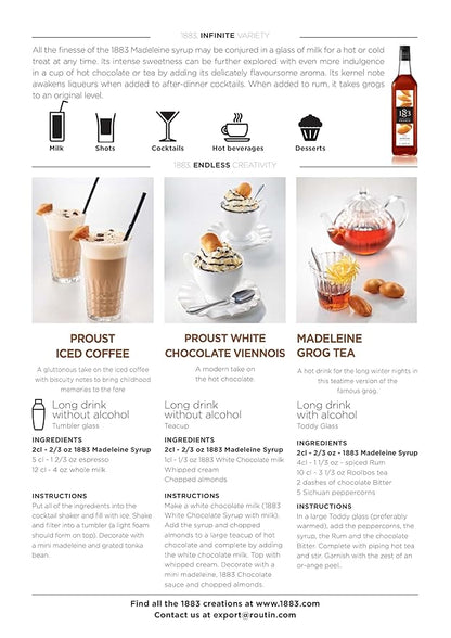 1883 French Madeleine Syrup for Drinks – Premium Flavoring Syrup Made in France, 1 Liter Glass Bottle – Perfect for Coffee, Lattes, Cocktails, and Desserts
