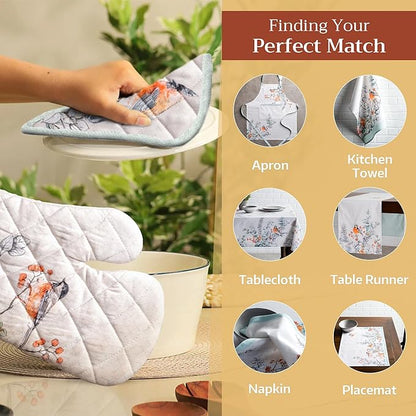 Maison d' Hermine 100% Cotton Oven Mitt & Pot Holder Set (7.5"x13" & 8"x8") Heat Resistant BBQ Cooking Gloves with Loop, Baking, Grilling, Kitchen, Handling Hot Pans (Whitish Shabby Chique)