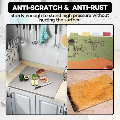 Stainless Steel Cutting Board with Lip 31.5" L X 22.8" W Large Cutting Board Metal Baking Board Non Stick Thick Board with Rolling Pin for Meat Fruits Vegetables Bread and Baking