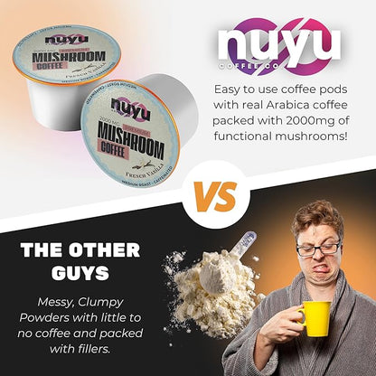 Nuyu Mushroom Coffee Pods, K-Cups, 100% Medium Roast Arabica Coffee with Lion's Mane, Reishi, Chaga, Cordyceps, 2000mg per Pod (12, French Vanilla)