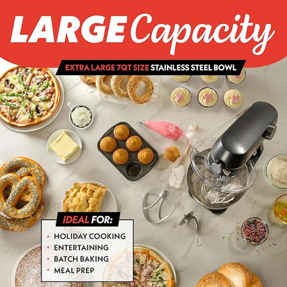 Gourmia 7 Qt Stand Mixer w/Attachments, Bowl Shield, Dough Hook, Whisk & Beater - 10-Speed Heavy Duty Kitchen Countertop Electric Dough Mixer