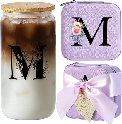 AYGXU Travel Jewelry Case for Women Girls,Jewelry Box Organizer,Travel Initial Jewelry Box for Girls,16oz glass cups with bamboo lids,aesthetic glass cup,Travel Essentials,Initial M purple