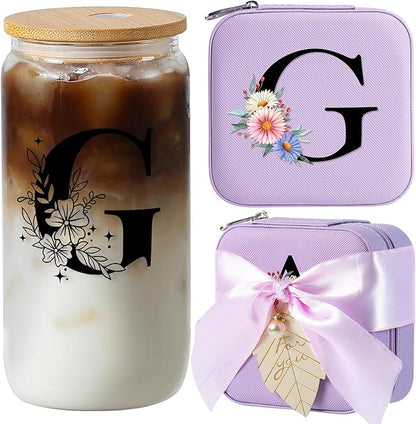 AYGXU Travel essential jewelry box,16oz Glass Cups with Bamboo Lids and Straws set,Personalized Jewelry Boxes for Women Girls,Travel Gifts for Women,Birthday Gifts for Girls,Initial G purple