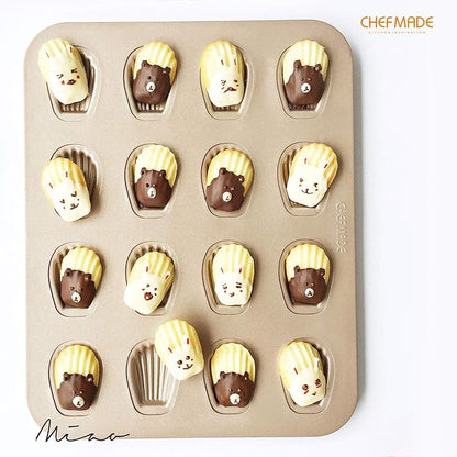 CHEFMADE Mini Madeleine Mold Cake Pan, 16-Cavity Non-Stick Tiny Oval Shell Madeline Bakeware for Oven Baking (Champagne Gold)