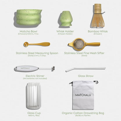 Premium 9 Piece Matcha Set Includes Ceramic Matcha Bowl, Bamboo Whisk & Holder, Stainless Steel Spoon & Sifter, Glass Cup & Straw, Electric Frother, Storage Bag - Gift for Matcha Lovers (Green)