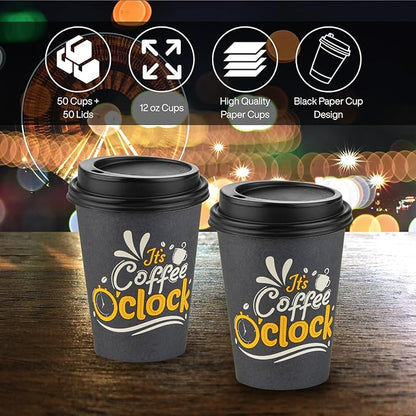 Smygoods Disposable Coffee Cups with Lids, To Go Paper Hot Cups, Coffee O'Clock Design (12 OZ, 50 Count) For Hot Beverages, Coffee, Tea, Espresso, Cocoa - Vasos Para Cafe