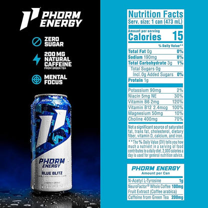 Phorm Energy Drink, Blue Blitz Flavor, 200 MG Natural Caffeine From Green Tea, Sugar Free Carbonated Drink With Electrolytes & Vitamin B12, Dairy & Gluten Free, Vegan, 16 FL Oz Cans, 12 Pack