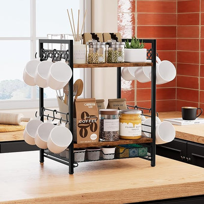 Coffee Bar Organizer Countertop, 3 Tier Mug Cup Holder Stand with 12 Hooks, 25 K Cup Coffee Pod Drawer with Mug Rack, Multifunctional Shelf for Accessories Kitchen (Black)