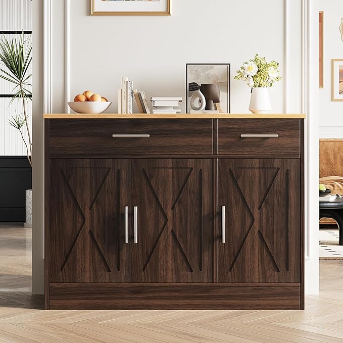 Vongrasig 43” Sideboard Buffet Cabinet with Storage, Farmhouse Coffee Bar with Drawers and Shelves, Wood Buffet Table for Kitchen Dining Room, Living Room, Rustic Brown