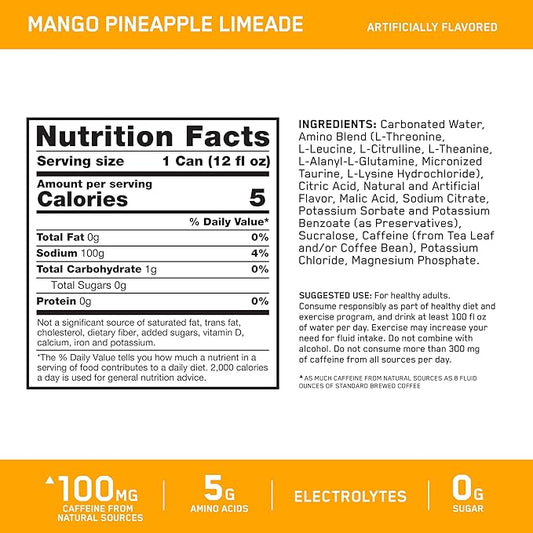 Optimum Nutrition Amino Energy Sparkling Hydration Drink, Electrolytes, Caffeine, Amino Acids, BCAAs, Sugar Free, Mango Pineapple Limeade, 12 Fl Oz, 12 Pack (Packaging May Vary)